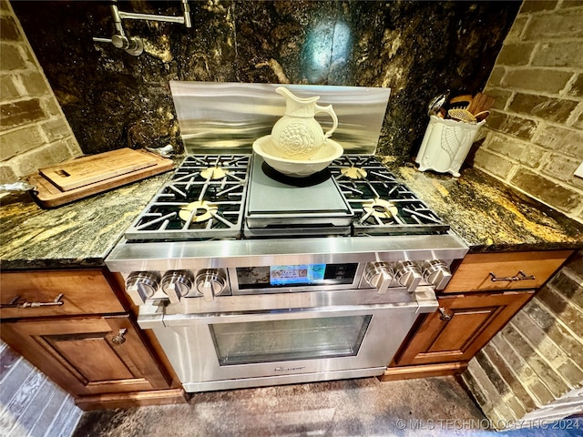 details with double oven range and dark stone countertops