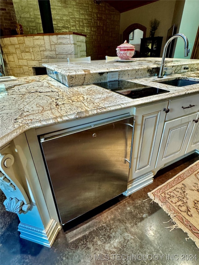 details featuring black dishwasher, sink, and light stone counters