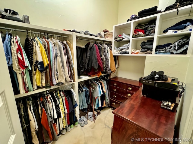 walk in closet featuring light colored carpet