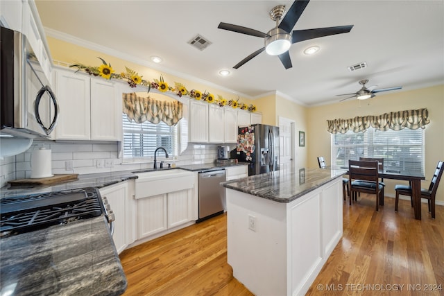 kitchen with white cabinets, appliances with stainless steel finishes, and a healthy amount of sunlight