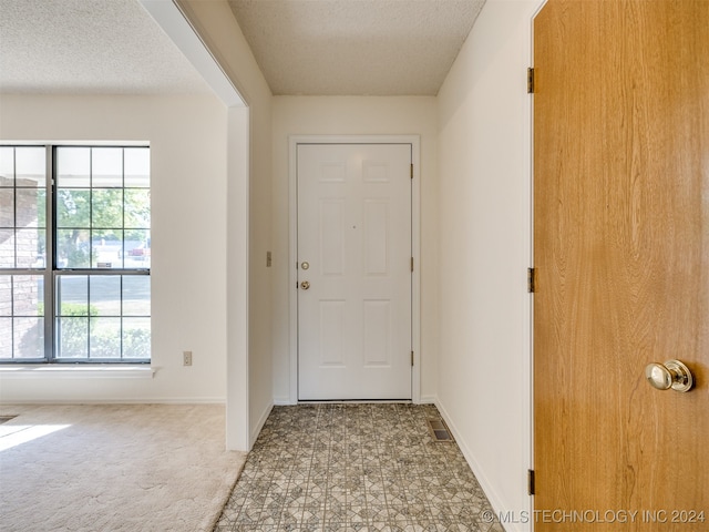 entryway featuring carpet flooring and a textured ceiling