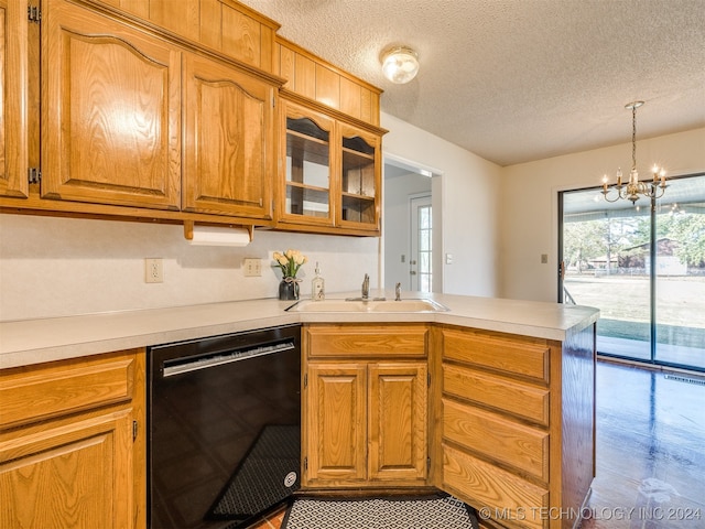 kitchen featuring kitchen peninsula, black dishwasher, a textured ceiling, a notable chandelier, and sink