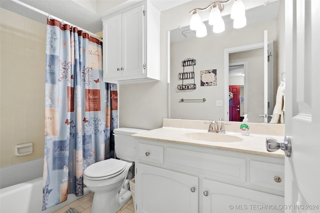 full bathroom with tile patterned flooring, shower / bath combination with curtain, toilet, and vanity