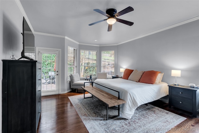 bedroom featuring ceiling fan, dark hardwood / wood-style floors, ornamental molding, and access to outside