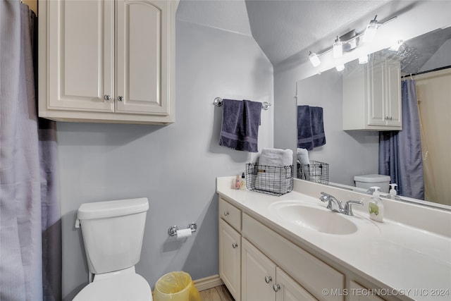 bathroom with vanity, toilet, and a textured ceiling