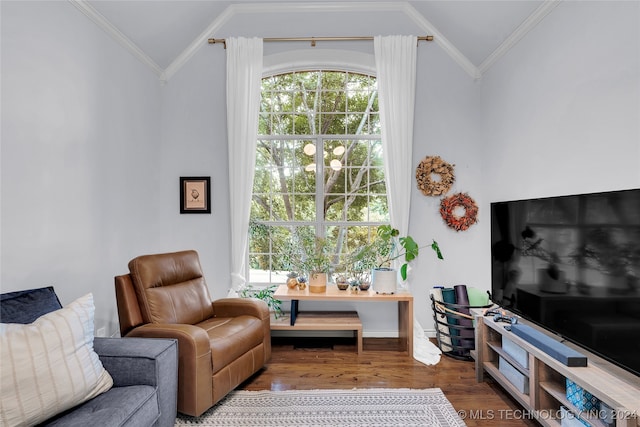 living room featuring wood-type flooring, crown molding, and vaulted ceiling