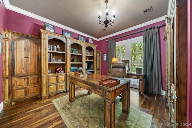 office area with dark hardwood / wood-style floors, ornamental molding, and an inviting chandelier