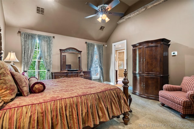 bedroom with light colored carpet, high vaulted ceiling, and ceiling fan