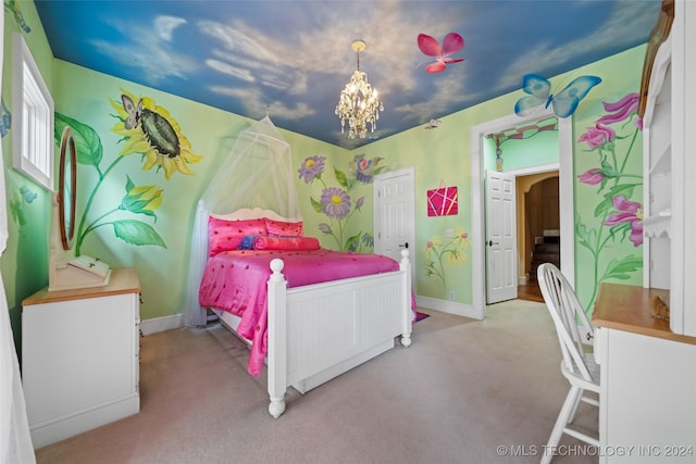 carpeted bedroom featuring a chandelier