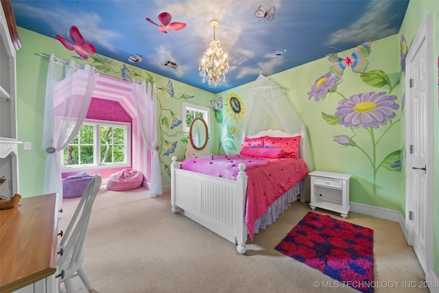 carpeted bedroom featuring an inviting chandelier