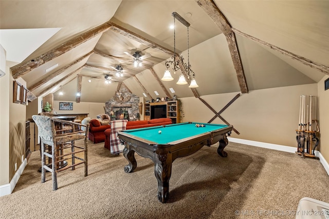 game room featuring ceiling fan, billiards, lofted ceiling, a fireplace, and carpet