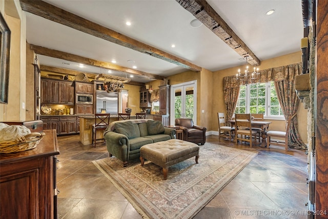 living room featuring beam ceiling