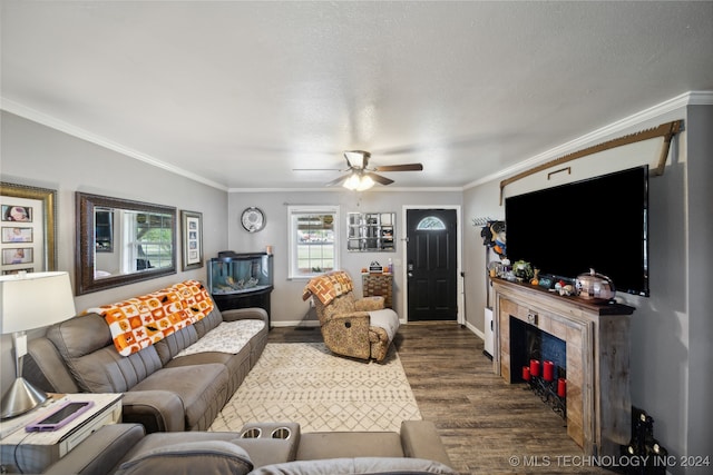 living room featuring ornamental molding, dark hardwood / wood-style floors, and ceiling fan