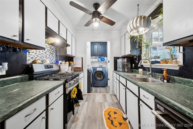 kitchen featuring light hardwood / wood-style flooring, sink, crown molding, white cabinets, and appliances with stainless steel finishes