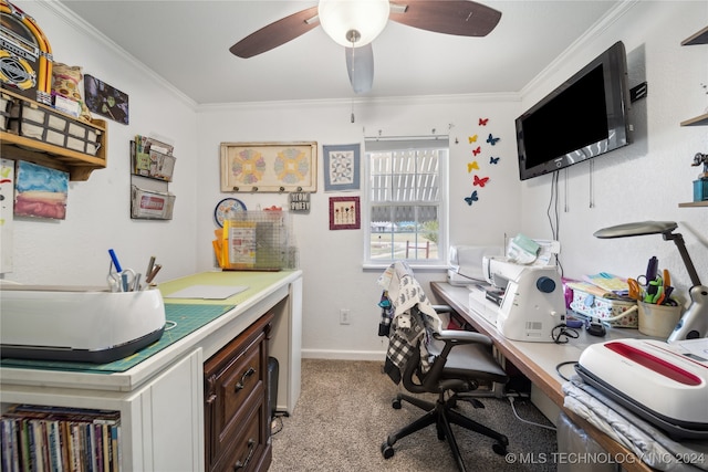 office space featuring light carpet, ornamental molding, and ceiling fan