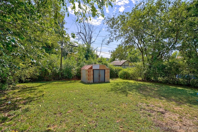 view of yard featuring a storage shed