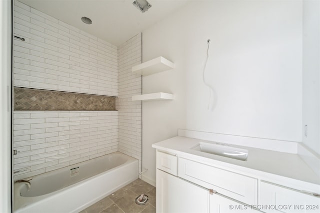 bathroom with tile patterned flooring, vanity, and tiled shower / bath combo