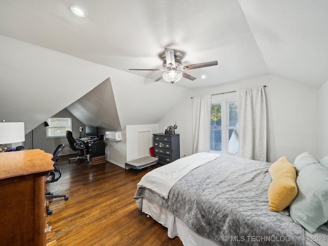 bedroom featuring dark wood-type flooring, ceiling fan, and vaulted ceiling