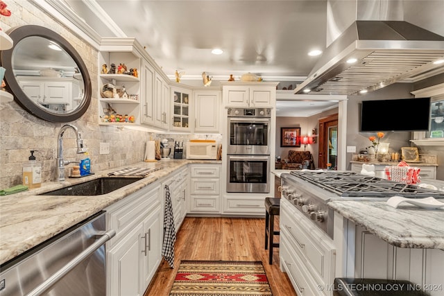 kitchen featuring light hardwood / wood-style flooring, island exhaust hood, appliances with stainless steel finishes, and light stone countertops