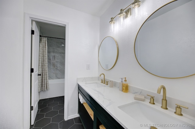 bathroom with vanity, tile patterned flooring, and shower / tub combo with curtain