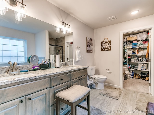 bathroom with a shower with door, toilet, and vanity