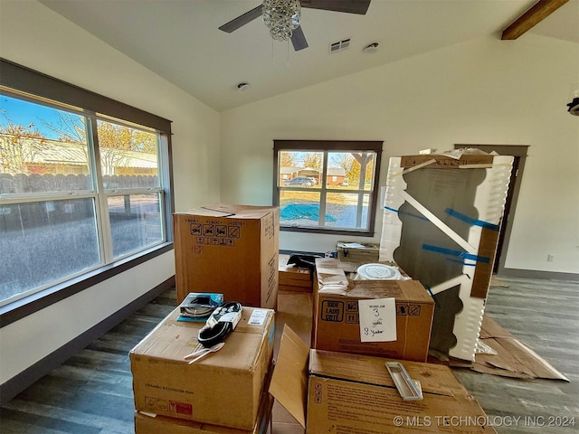 office space featuring dark hardwood / wood-style floors, ceiling fan, and lofted ceiling