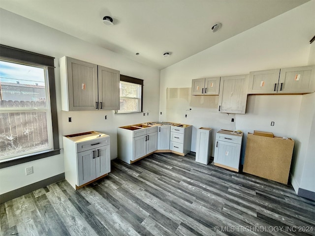 kitchen featuring dark hardwood / wood-style floors, lofted ceiling, and gray cabinetry