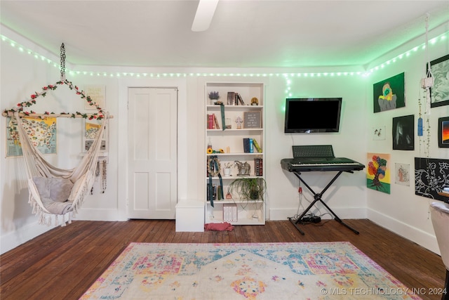 playroom featuring ceiling fan and dark wood-type flooring