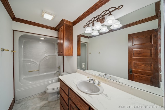 full bathroom featuring tub / shower combination, vanity, ornamental molding, toilet, and tile patterned floors