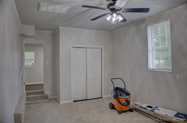 interior space with carpet, ceiling fan, and ornamental molding