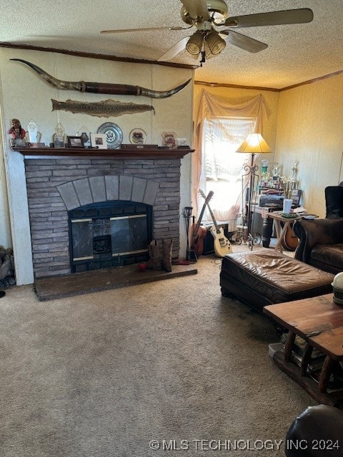 carpeted living room featuring ceiling fan, a stone fireplace, and a textured ceiling