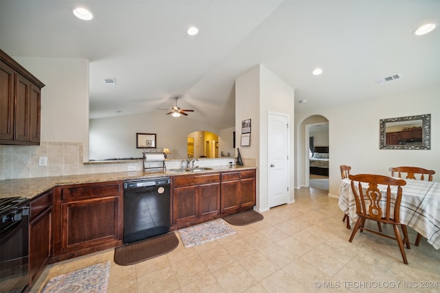 kitchen featuring light stone countertops, black appliances, lofted ceiling, ceiling fan, and sink