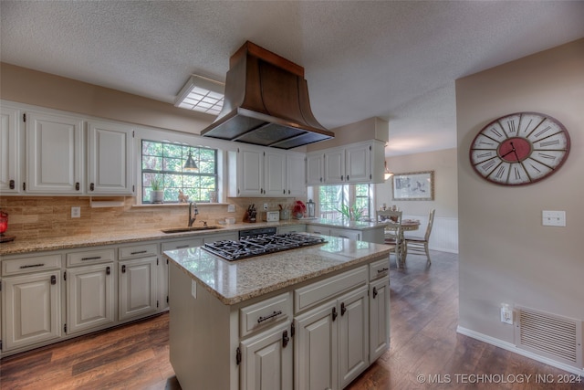 kitchen with white cabinets, dark hardwood / wood-style floors, sink, and premium range hood