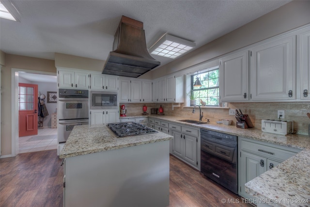 kitchen featuring black appliances, sink, dark hardwood / wood-style flooring, and white cabinets