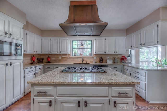 kitchen featuring white cabinetry, a center island, exhaust hood, and a wealth of natural light