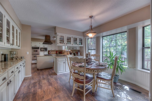 dining area featuring sink, dark hardwood / wood-style flooring, a textured ceiling, and a healthy amount of sunlight