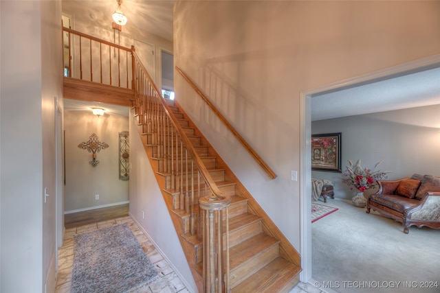 staircase with carpet floors