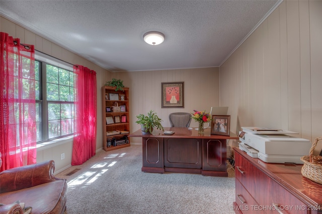 carpeted office featuring a textured ceiling, wood walls, and ornamental molding