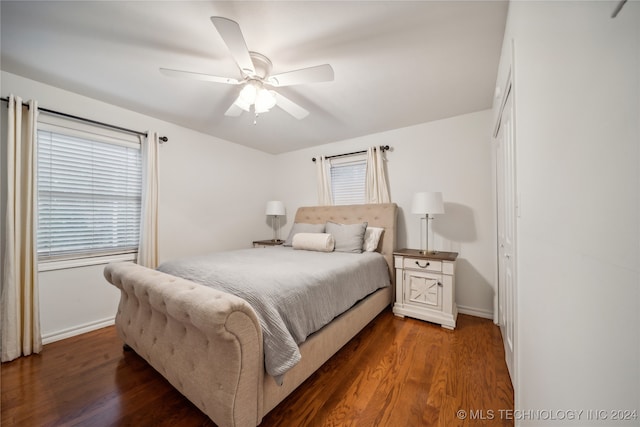 bedroom featuring ceiling fan, dark wood-type flooring, and a closet