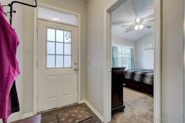 doorway to outside with wood-type flooring, a textured ceiling, lofted ceiling, and plenty of natural light