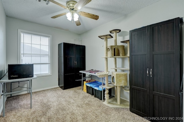 carpeted home office featuring a textured ceiling and ceiling fan