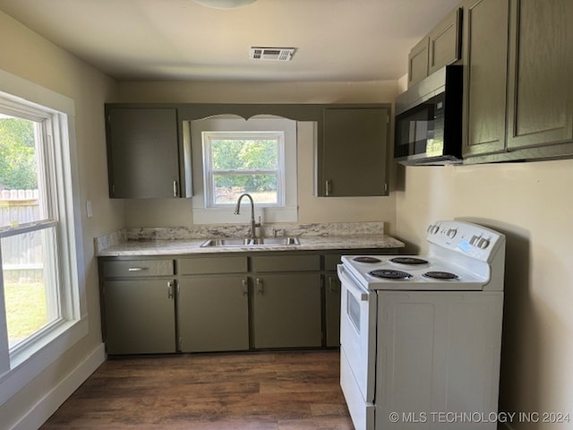 kitchen featuring sink, dark wood-type flooring, white range with electric stovetop, and plenty of natural light