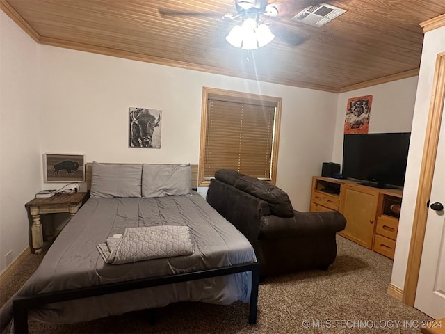 carpeted bedroom with crown molding, wood ceiling, and ceiling fan