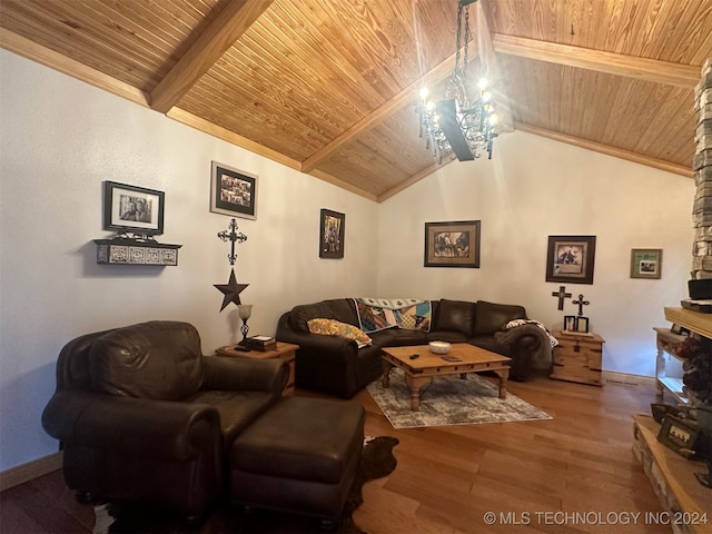 living room with lofted ceiling with beams, wooden ceiling, a notable chandelier, and hardwood / wood-style flooring