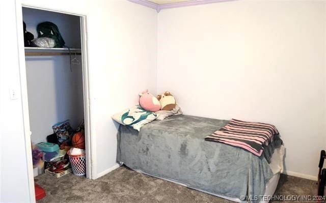 carpeted bedroom featuring crown molding and a closet