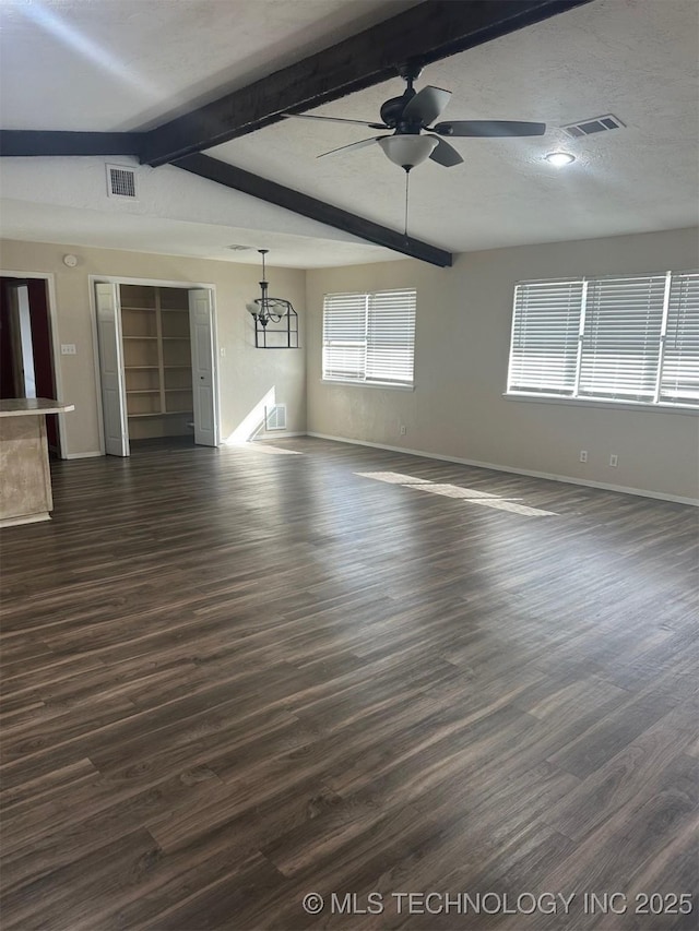 unfurnished living room with dark wood finished floors, vaulted ceiling with beams, visible vents, and ceiling fan