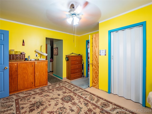 bedroom with ceiling fan and ornamental molding