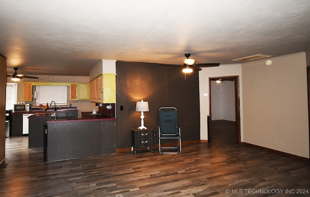 kitchen with ceiling fan, sink, and dark hardwood / wood-style flooring