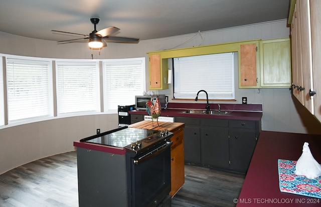 kitchen with black range with electric stovetop, plenty of natural light, sink, and ceiling fan