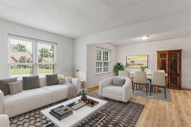 living room featuring light hardwood / wood-style floors and a textured ceiling